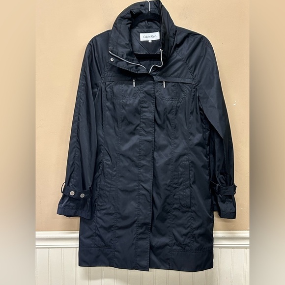 CALVIN KLEIN Black Anorak Jacket Hooded Trench Coat  Zip Up Size Small - Picture 1 of 7